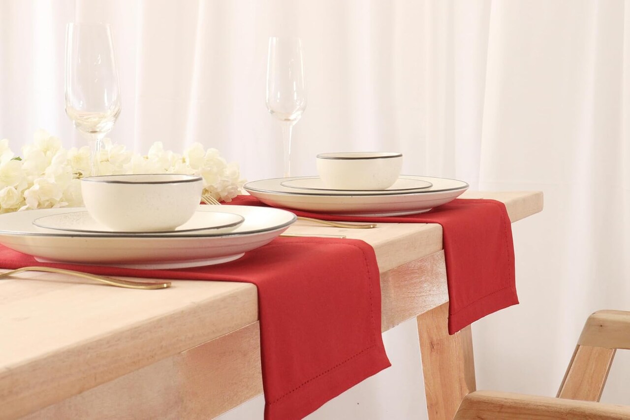 Set of 12 Hemstitch Cloth Dinner Napkins 100% Cotton - Soft Durable Washable -Ideal for Events Wedding Fall Thanksgiving and Christmas - Perfect Everyday Use Table Linen 18x18 - Red